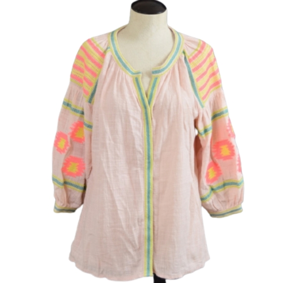 Velzera Tops - Velzera Pink Geometric Aztec Print Boho Peasant Blouse Sz L